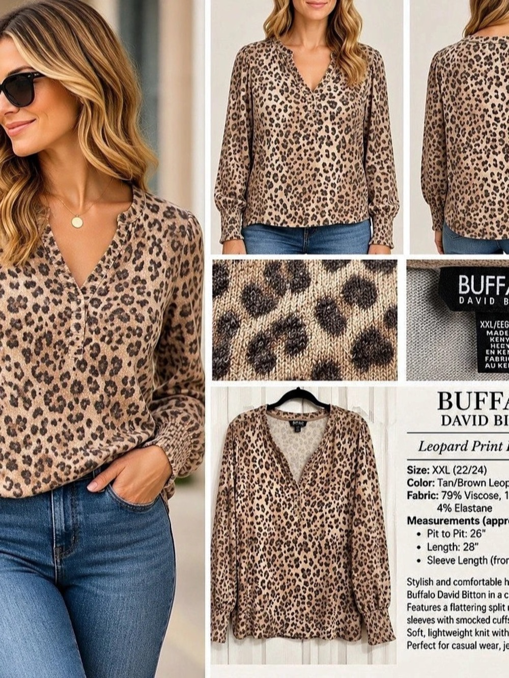 Buffalo David Bitton Leopard Print Henley Top XL #186